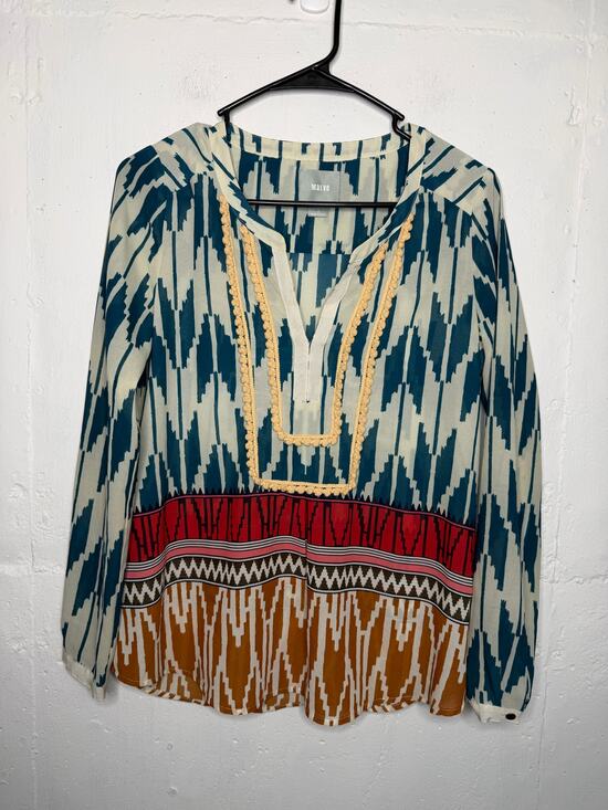 Maeve Tops - Maeve Anthropologie Women's Size 2 Long Sleeve V-Neck Ikat Aztec Print Blouse
